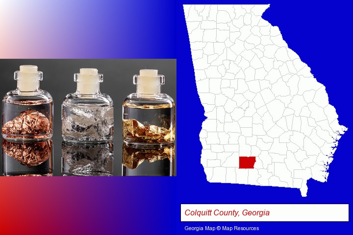 gold, silver, and copper nuggets; Colquitt County, Georgia highlighted in red on a map