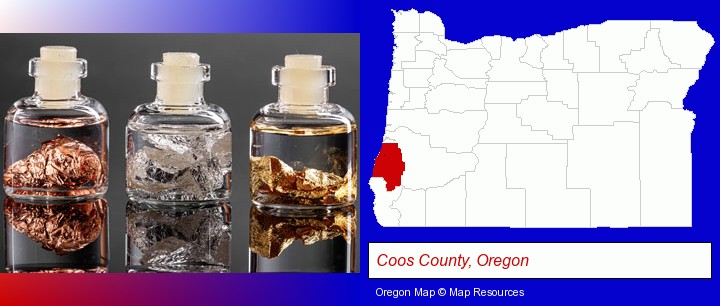 gold, silver, and copper nuggets; Coos County, Oregon highlighted in red on a map