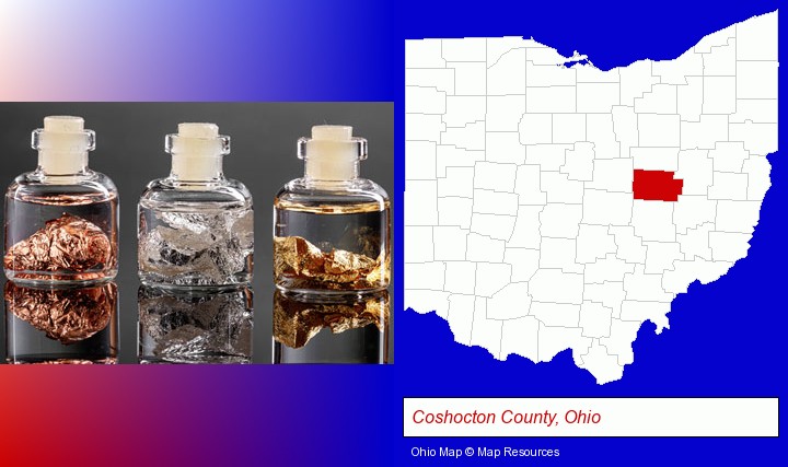 gold, silver, and copper nuggets; Coshocton County, Ohio highlighted in red on a map