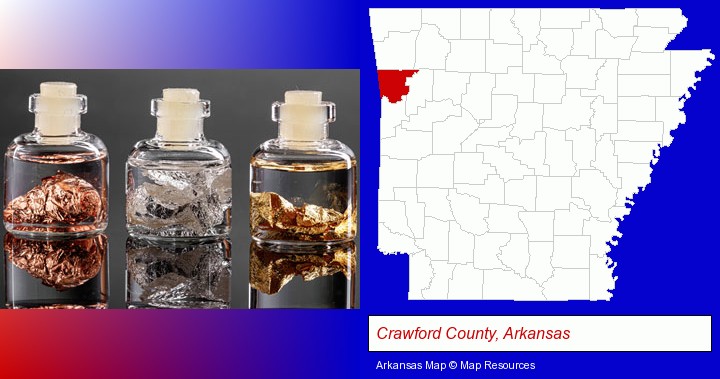 gold, silver, and copper nuggets; Crawford County, Arkansas highlighted in red on a map