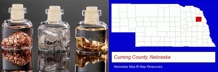 gold, silver, and copper nuggets; Cuming County, Nebraska highlighted in red on a map