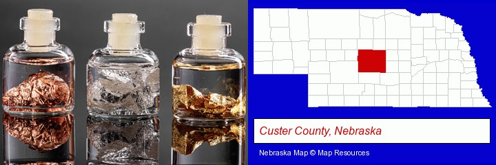 gold, silver, and copper nuggets; Custer County, Nebraska highlighted in red on a map
