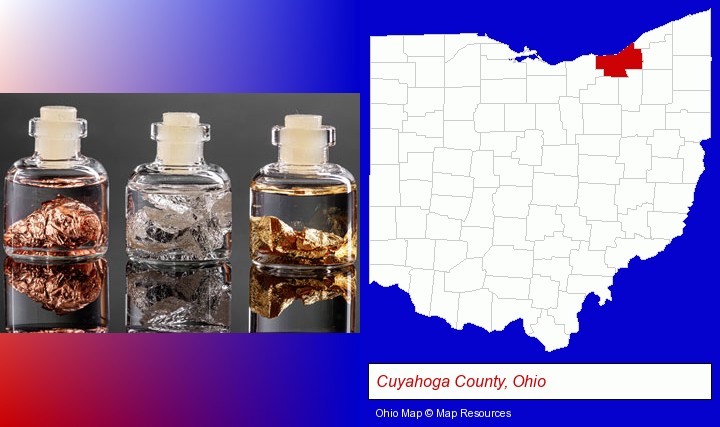 gold, silver, and copper nuggets; Cuyahoga County, Ohio highlighted in red on a map