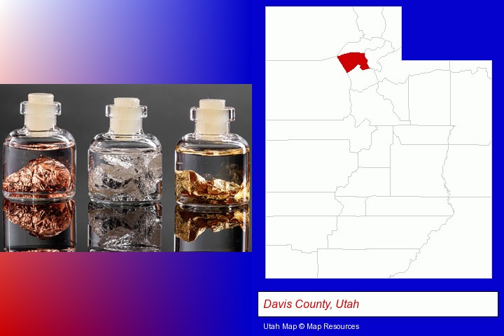 gold, silver, and copper nuggets; Davis County, Utah highlighted in red on a map