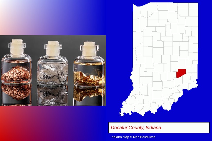 gold, silver, and copper nuggets; Decatur County, Indiana highlighted in red on a map