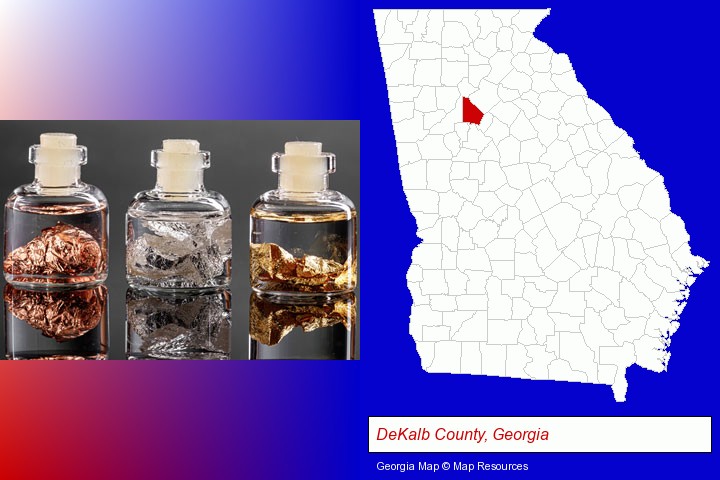gold, silver, and copper nuggets; DeKalb County, Georgia highlighted in red on a map