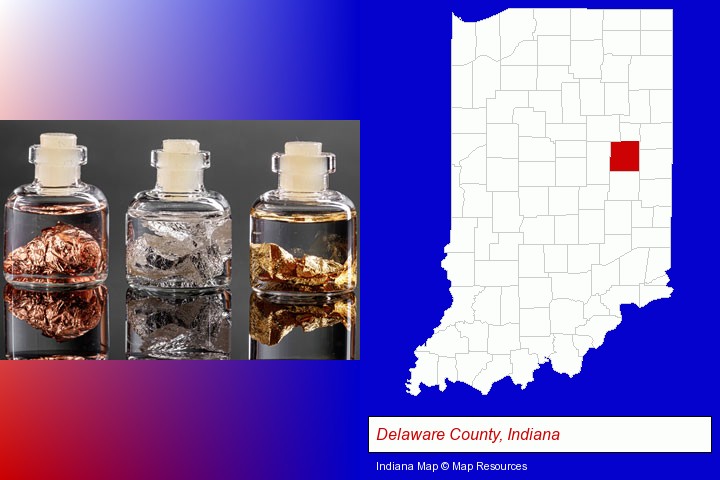 gold, silver, and copper nuggets; Delaware County, Indiana highlighted in red on a map