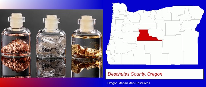 gold, silver, and copper nuggets; Deschutes County, Oregon highlighted in red on a map