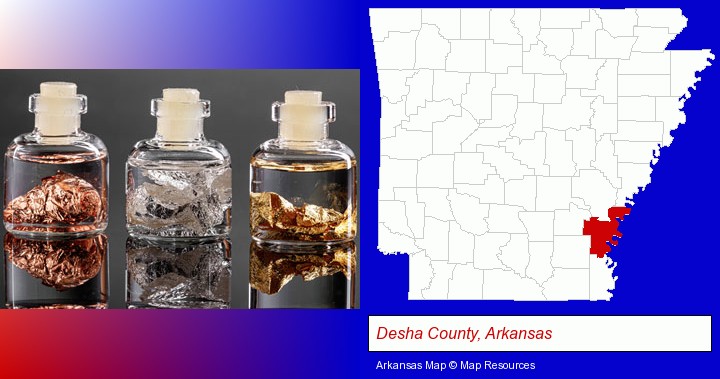 gold, silver, and copper nuggets; Desha County, Arkansas highlighted in red on a map
