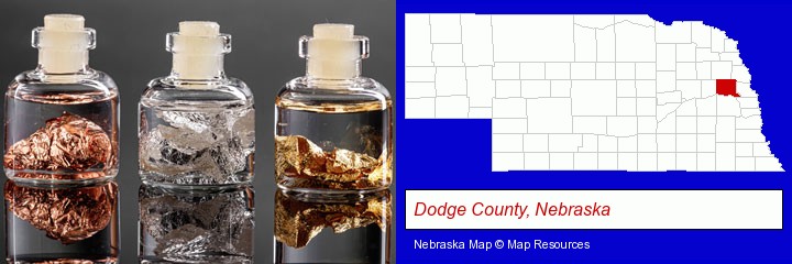 gold, silver, and copper nuggets; Dodge County, Nebraska highlighted in red on a map