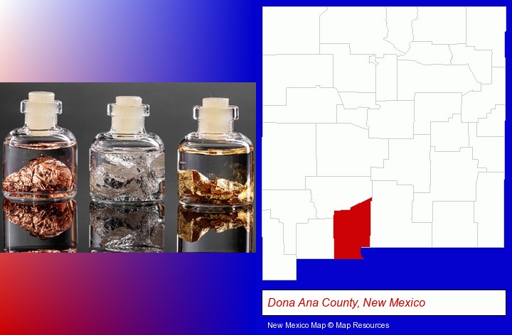 gold, silver, and copper nuggets; Dona Ana County, New Mexico highlighted in red on a map