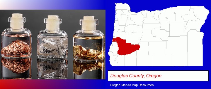 gold, silver, and copper nuggets; Douglas County, Oregon highlighted in red on a map