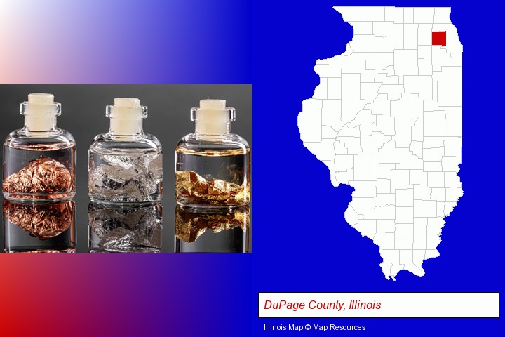 gold, silver, and copper nuggets; DuPage County, Illinois highlighted in red on a map