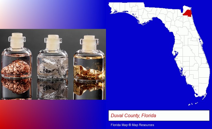 gold, silver, and copper nuggets; Duval County, Florida highlighted in red on a map