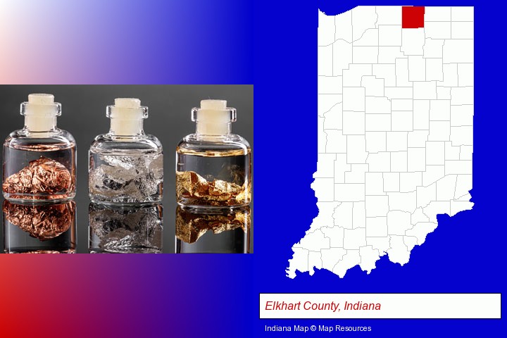 gold, silver, and copper nuggets; Elkhart County, Indiana highlighted in red on a map