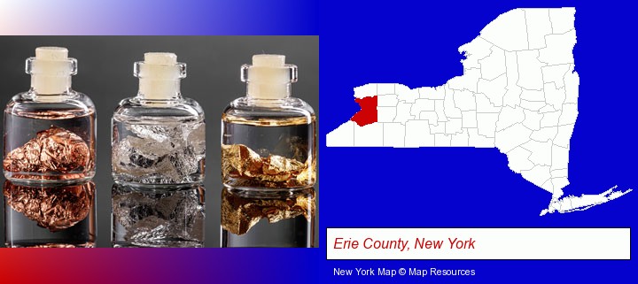 gold, silver, and copper nuggets; Erie County, New York highlighted in red on a map