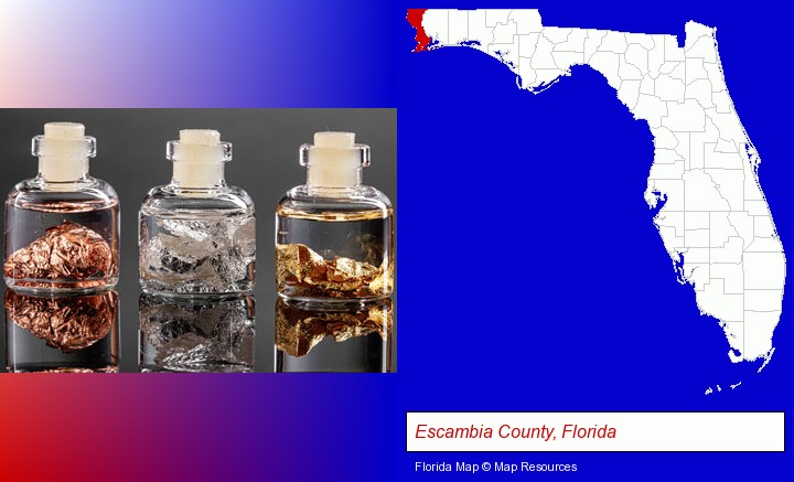 gold, silver, and copper nuggets; Escambia County, Florida highlighted in red on a map