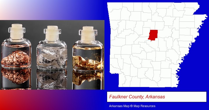 gold, silver, and copper nuggets; Faulkner County, Arkansas highlighted in red on a map