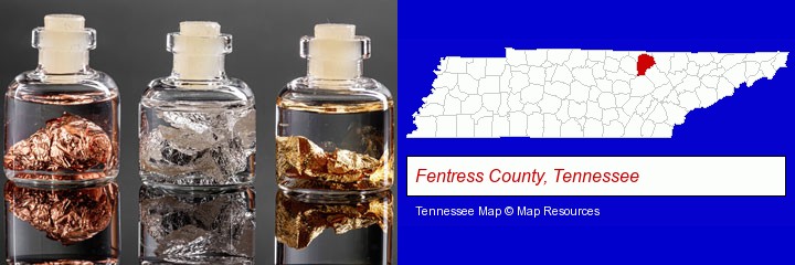 gold, silver, and copper nuggets; Fentress County, Tennessee highlighted in red on a map