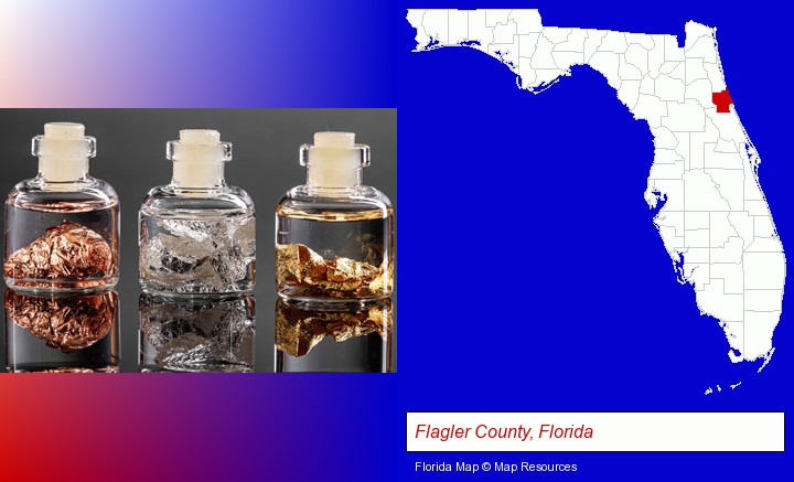 gold, silver, and copper nuggets; Flagler County, Florida highlighted in red on a map