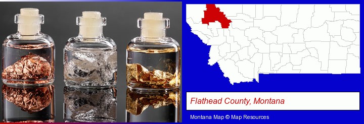 gold, silver, and copper nuggets; Flathead County, Montana highlighted in red on a map