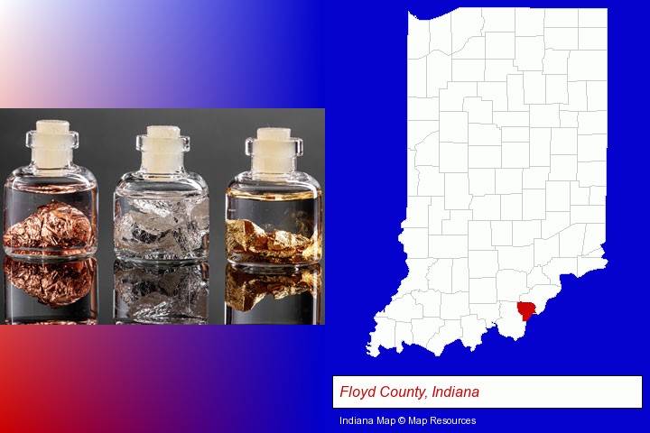 gold, silver, and copper nuggets; Floyd County, Indiana highlighted in red on a map