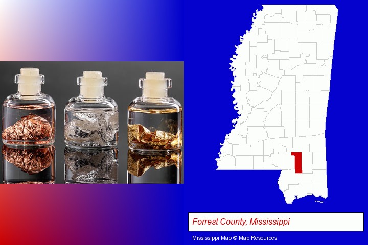 gold, silver, and copper nuggets; Forrest County, Mississippi highlighted in red on a map