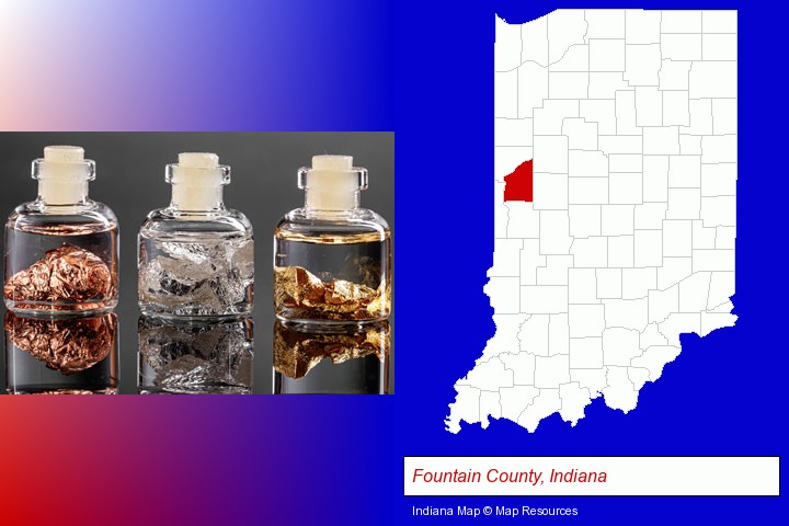 gold, silver, and copper nuggets; Fountain County, Indiana highlighted in red on a map
