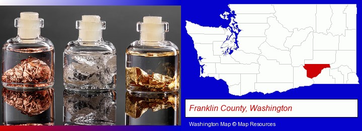 gold, silver, and copper nuggets; Franklin County, Washington highlighted in red on a map