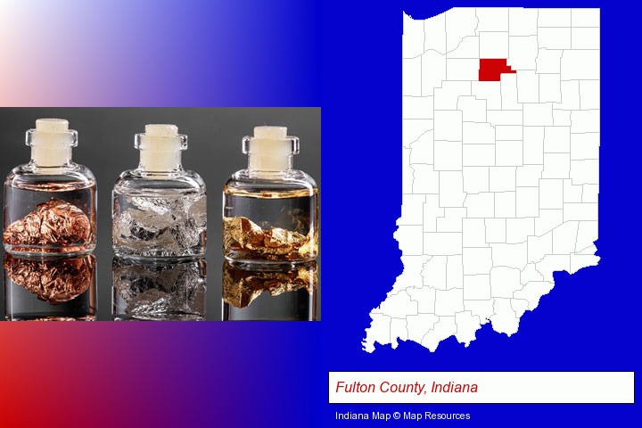 gold, silver, and copper nuggets; Fulton County, Indiana highlighted in red on a map