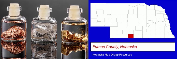 gold, silver, and copper nuggets; Furnas County, Nebraska highlighted in red on a map