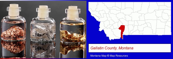 gold, silver, and copper nuggets; Gallatin County, Montana highlighted in red on a map