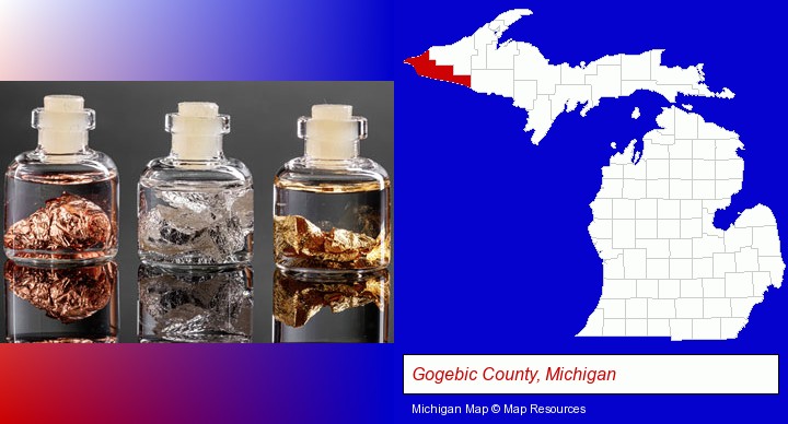 gold, silver, and copper nuggets; Gogebic County, Michigan highlighted in red on a map