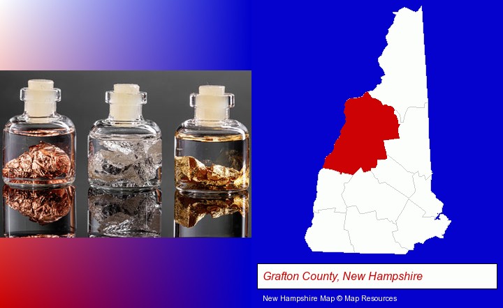 gold, silver, and copper nuggets; Grafton County, New Hampshire highlighted in red on a map