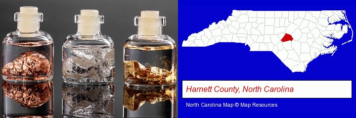gold, silver, and copper nuggets; Harnett County, North Carolina highlighted in red on a map