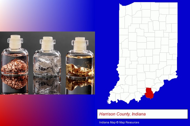 gold, silver, and copper nuggets; Harrison County, Indiana highlighted in red on a map