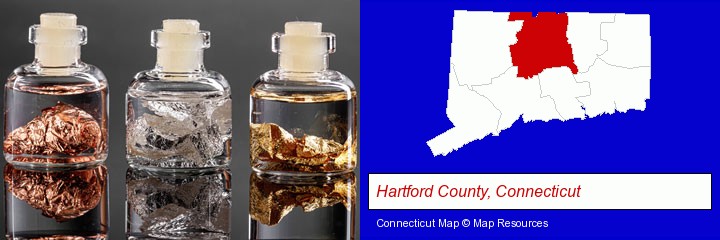 gold, silver, and copper nuggets; Hartford County, Connecticut highlighted in red on a map