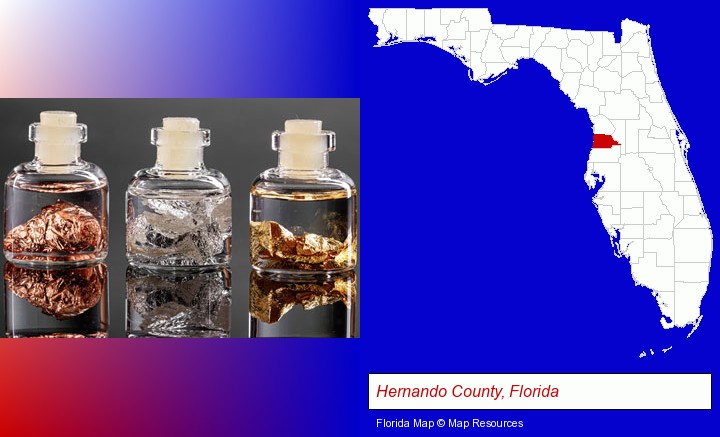 gold, silver, and copper nuggets; Hernando County, Florida highlighted in red on a map