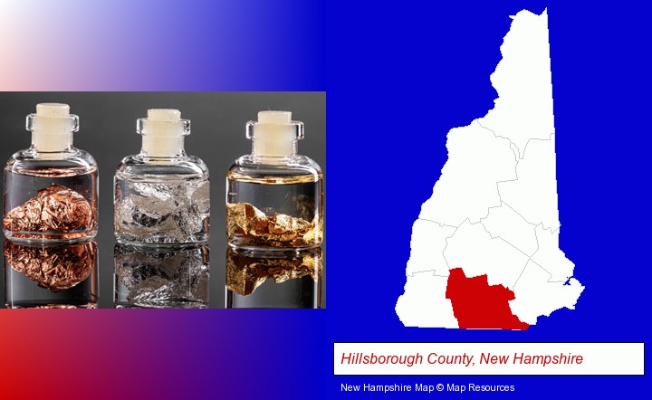gold, silver, and copper nuggets; Hillsborough County, New Hampshire highlighted in red on a map