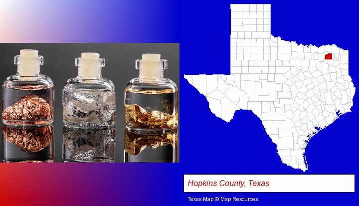 gold, silver, and copper nuggets; Hopkins County, Texas highlighted in red on a map