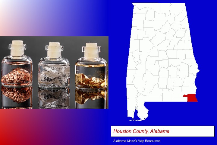 gold, silver, and copper nuggets; Houston County, Alabama highlighted in red on a map