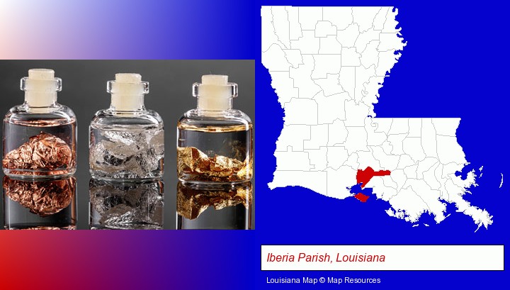 gold, silver, and copper nuggets; Iberia Parish, Louisiana highlighted in red on a map