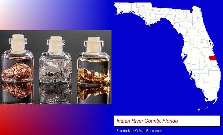 gold, silver, and copper nuggets; Indian River County, Florida highlighted in red on a map
