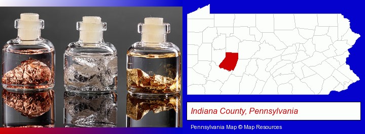 gold, silver, and copper nuggets; Indiana County, Pennsylvania highlighted in red on a map