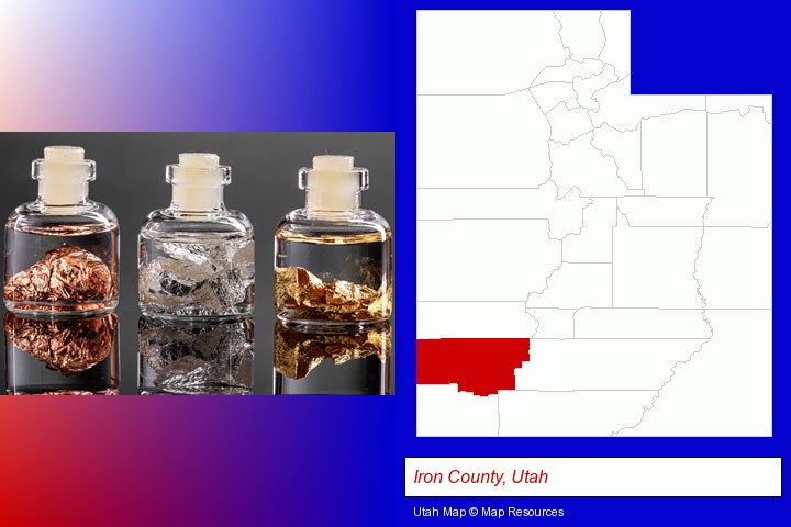 gold, silver, and copper nuggets; Iron County, Utah highlighted in red on a map