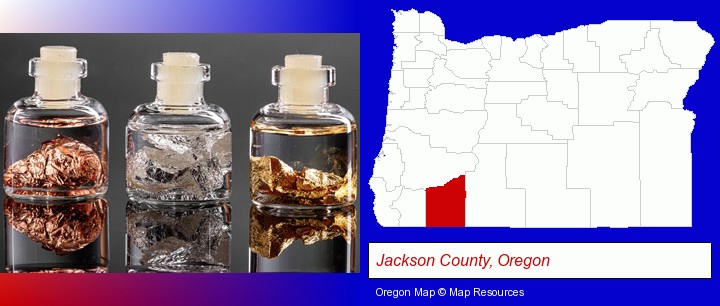 gold, silver, and copper nuggets; Jackson County, Oregon highlighted in red on a map