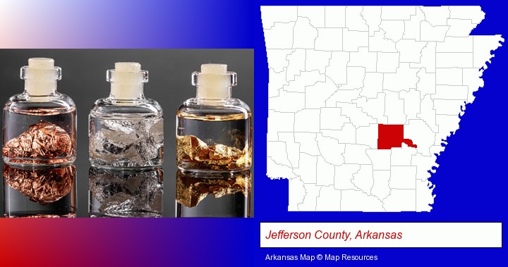 gold, silver, and copper nuggets; Jefferson County, Arkansas highlighted in red on a map