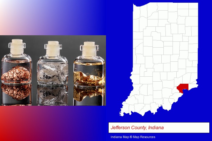 gold, silver, and copper nuggets; Jefferson County, Indiana highlighted in red on a map