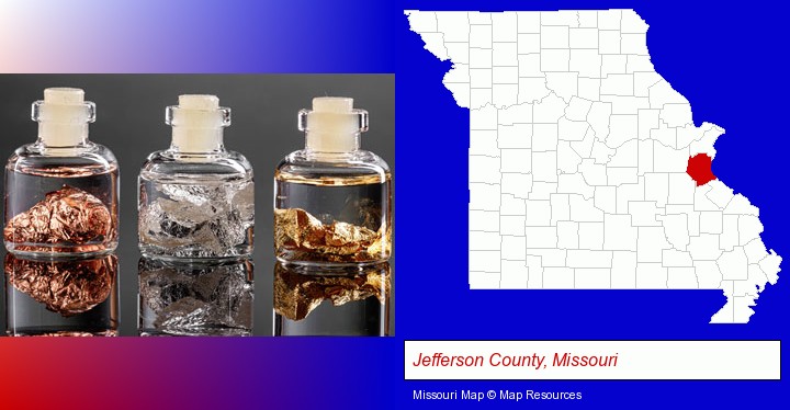 gold, silver, and copper nuggets; Jefferson County, Missouri highlighted in red on a map