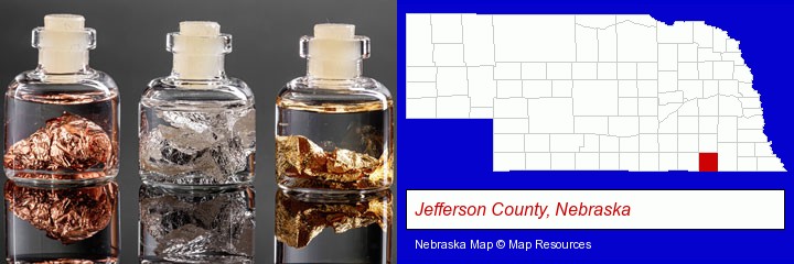 gold, silver, and copper nuggets; Jefferson County, Nebraska highlighted in red on a map